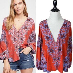 Free People Birds of a Feather Button up Blouse Blouson Sleeve Top Small